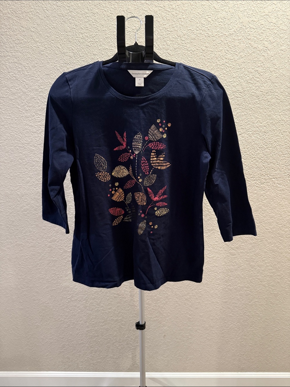 Christopher & Banks Navy quarter length Sleeve Tee with Multicolor Leaf Print. M